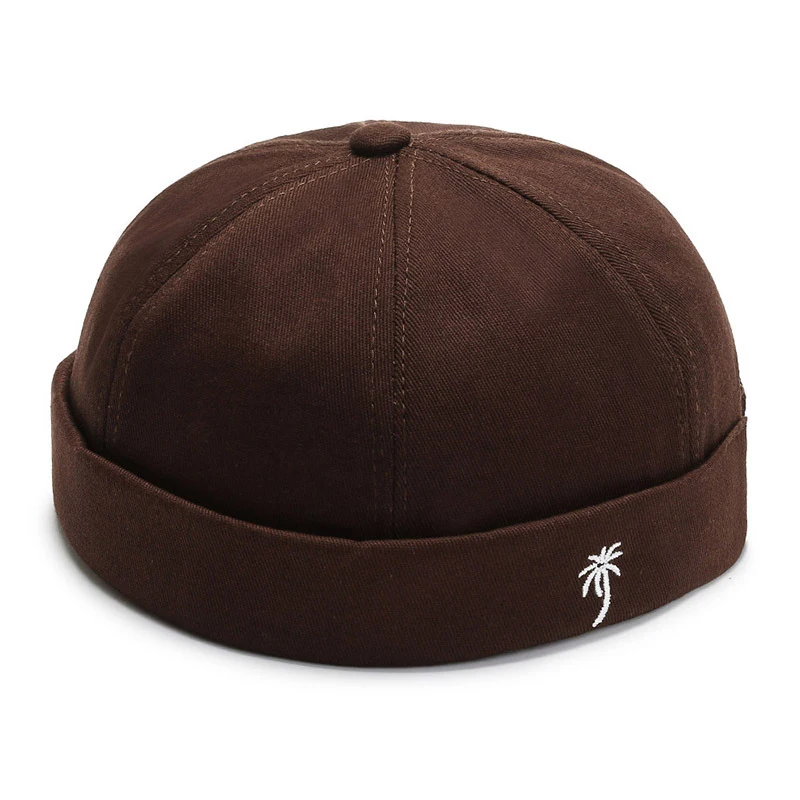 Men Embroidered Coconut Tree Docker Cap New Spring Brimless Hats Hip Hop Beanie Skullcap Solid Color Pumpkin Portable Melon Cap