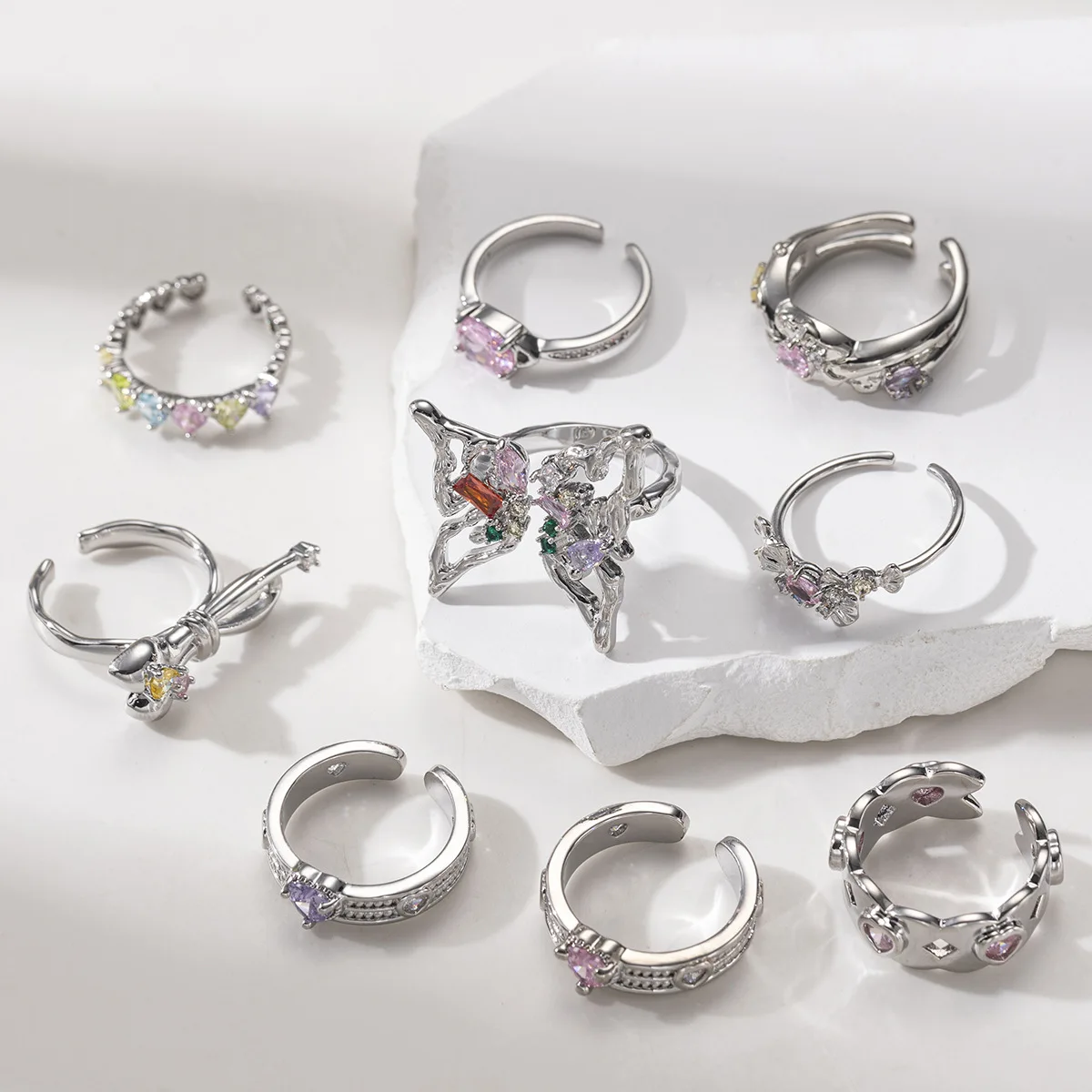 

Minimalist Lovers' Pick! Silver-Toned Zirconia Accent Rings - Cool Tone Open Stacking Rings for Daily Wear