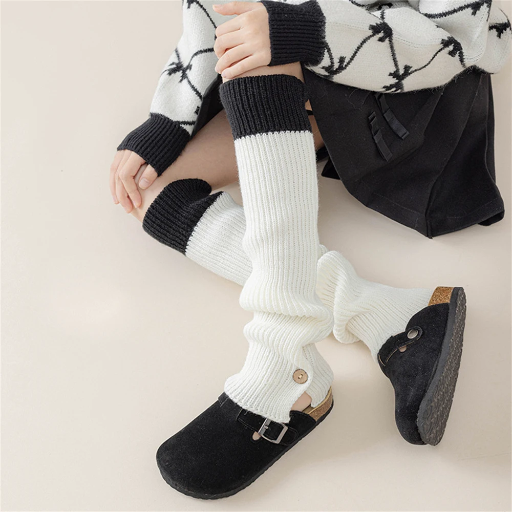 Girls' Pile Socks Stitching Color Retro Autumn Winter Split Button Foot Covers Women's Soft Knitted Long-tube Warmth Leg Warmers