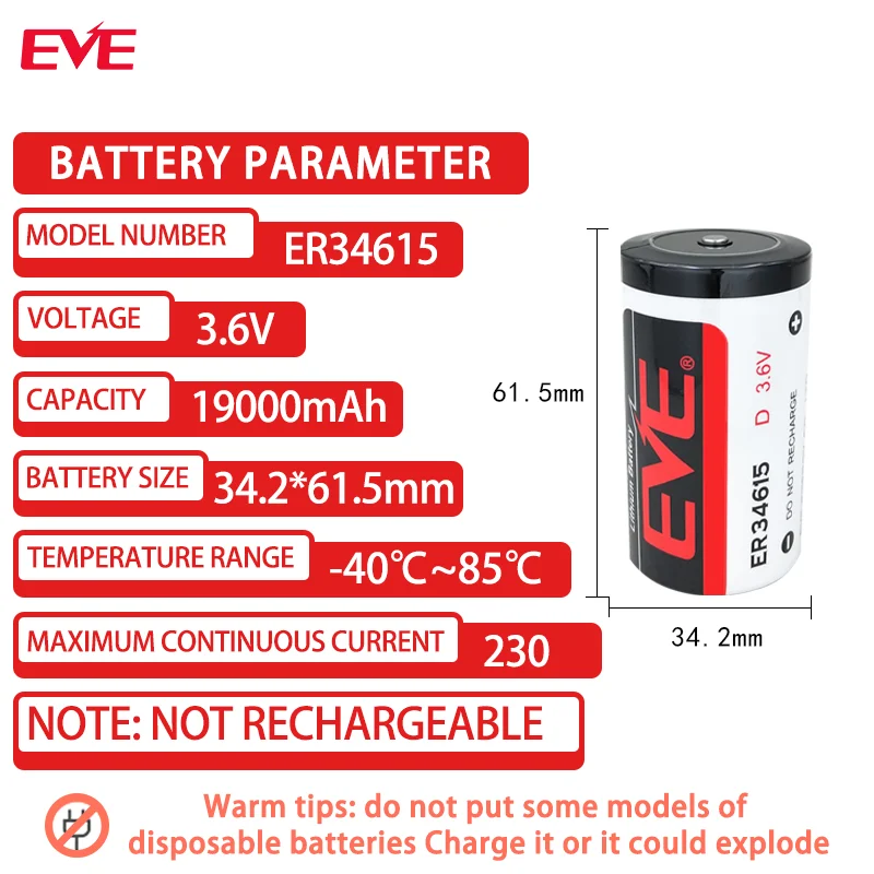 ER34615 D size 19000mAh 3.6V primary lithium battery for water meter, gas meter, flow meter, GPS locator LS33600