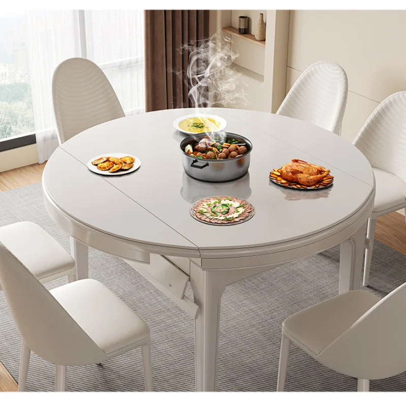 DSA cream rock slab dining table, chairs, dining table combination telescopic square and round dual-purpose solid wood simple