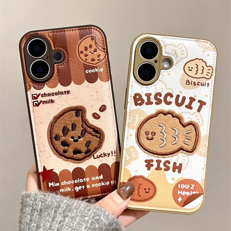 

Funny Cute Fabric Biscuit Fish Cookie Case For iPhone 16 15 13 14 11 12 Pro Max Soft Puff Leather Silicone Phone Back Cover