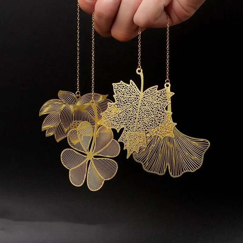 1 個中国風文具レトロ金属ブックマーク中空イチョウの葉カエデの葉蓮の葉脈ブックマークギフト