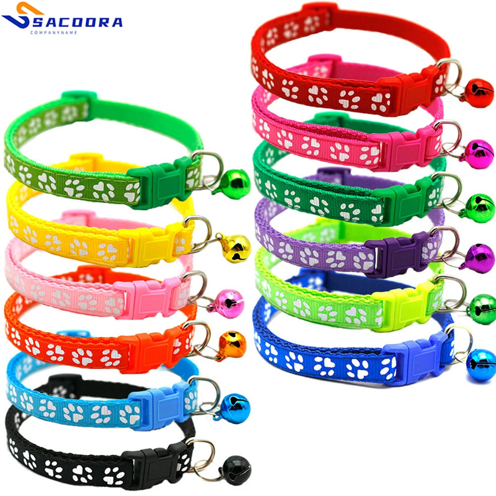 5Pcs/Pack Colorful Cute Bell Adjustable Buckle Cat Collar Pet Supplies Footprint Personalized Kitten Small Dog Accessory