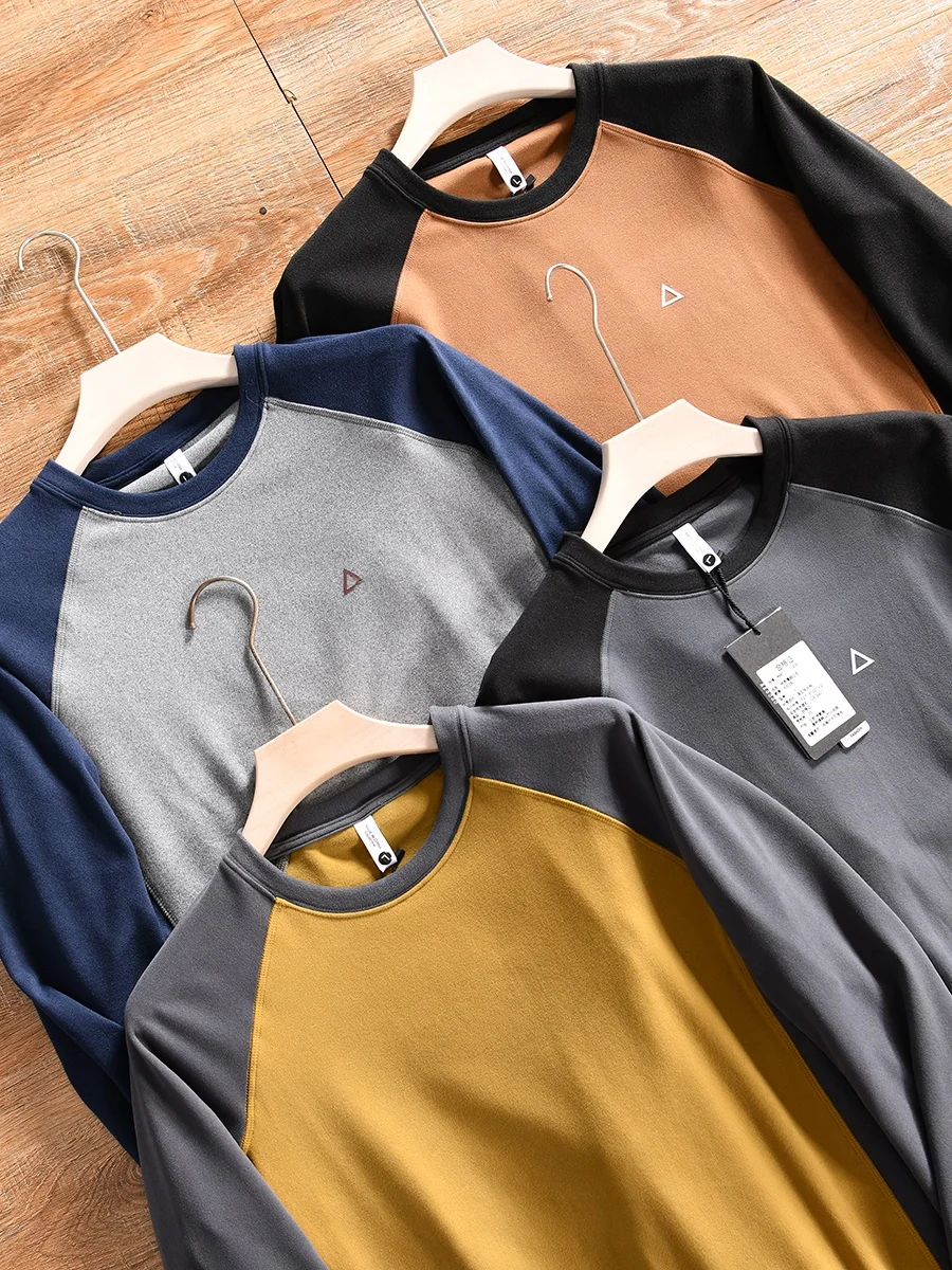 Double-Sided German Velvet Tech Fiber Long Sleeve T-Shirt Shoulder Insertion Color Block Men's Winter Warm Standard Fit Tee
