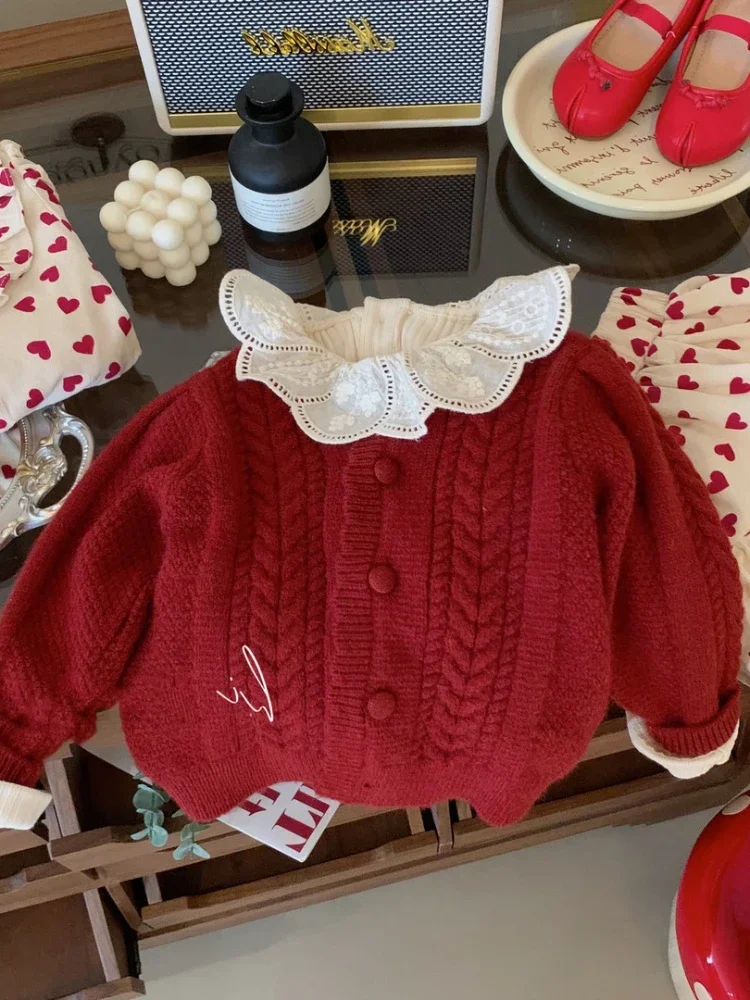 Girls Coat 2024 New Korean Children Knitwear Girls New Autumn Baby Girls Red Children Cardigan Sweater Simple Casual Clothes