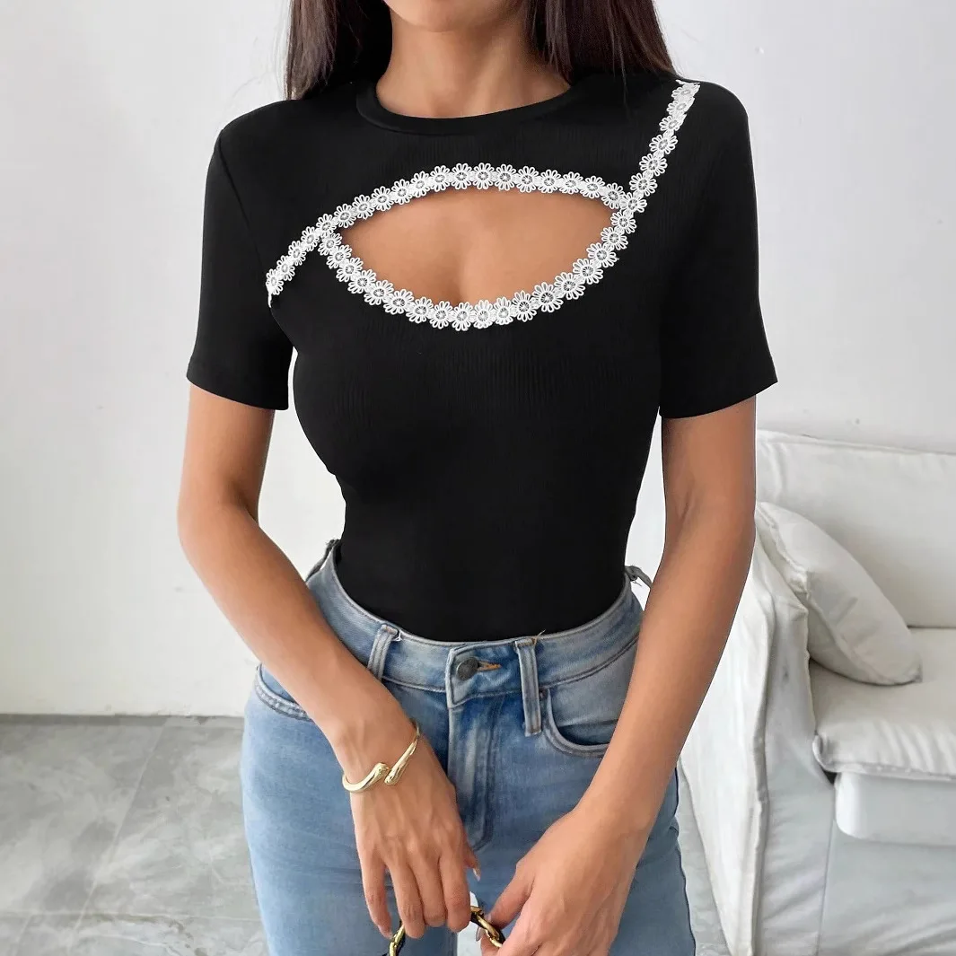 

Women'S Black Hollow Out Holes Spliced Lace Flower Chic Tees Short Sleeve Skinny T Shirt Women Y2K Crop Tops Grunge Shirt Femme