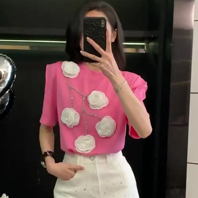 

New Luxury Diamonds 3D Floral Fashion T-shirt Women Summer O-neck Short Sleeve Casual High End Pink Top Elegant Blouse