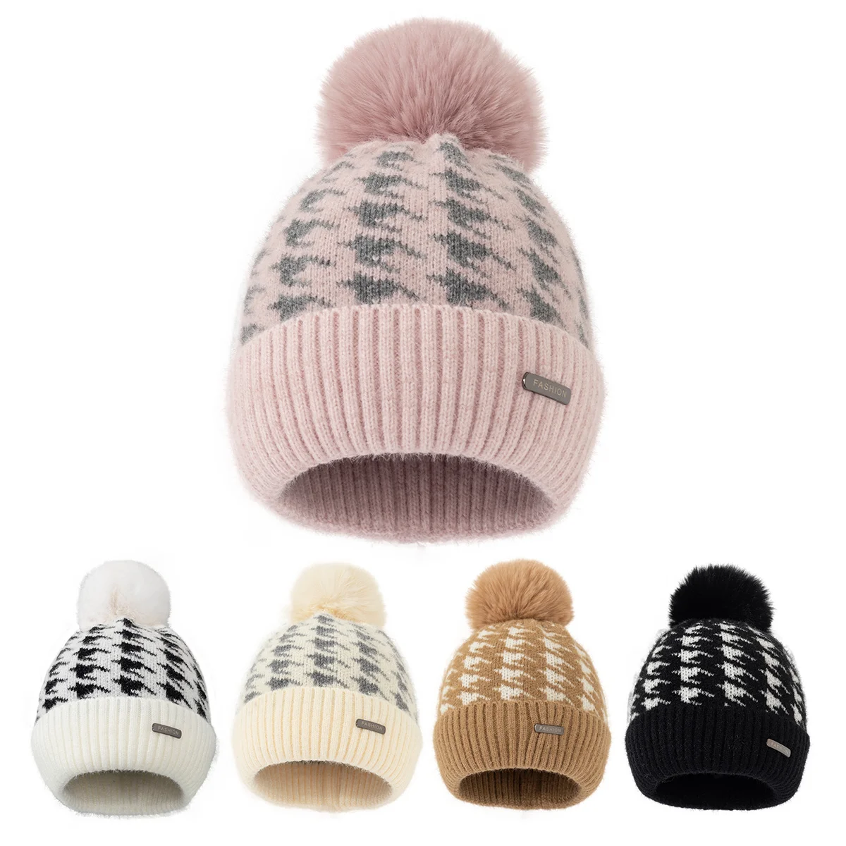 new Winter stripe Knitting Hat For Women Fur Pompom Thick Plush Cap Beanie Solid Color Ladies Warm Ski Snow Skullies Beanies