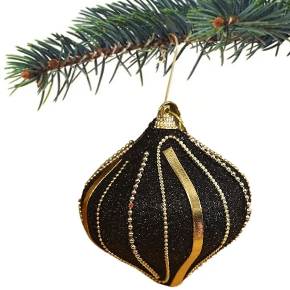 8cm Christmas Ball with Sequins and Ribbons Black Christmas Tree Ornaments Balls Shining Foam Christmas Tree Pendant New Year