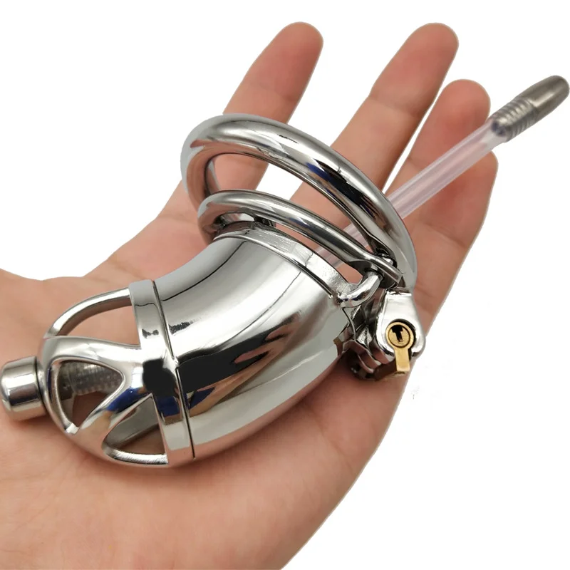 Stainless Steel Chastity Device with Urethral Catheter and Anti-Shedding Ring Chastity Cage Man Penis Ring Adult Sex Toy for Men