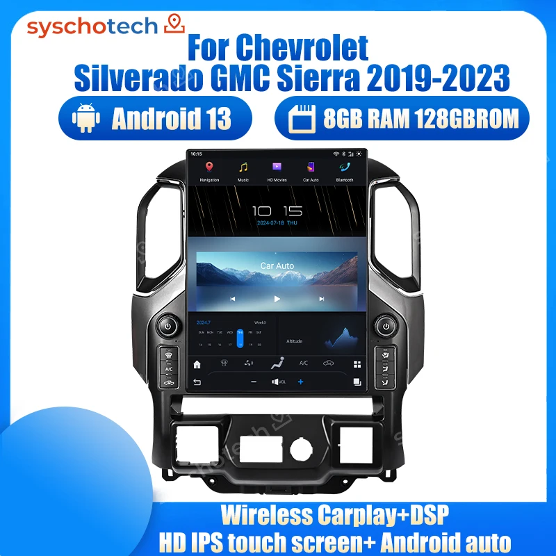 Syschotech T-Style Car Stereo Android 13.0 Head Unit Car DVD Car Radio For Chevrolet Silverado GMC Sierra 2019-2023 15.6 Inch