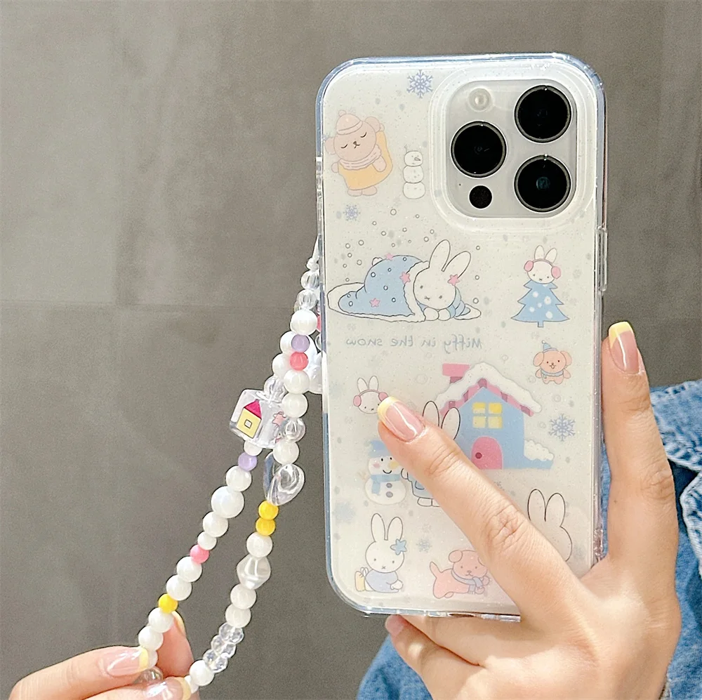 

Korean INS Scarf Rabbit Glitter Phone Case for iPhone 16 Pro 15 14 17 Pro Max Cover Cartoon Cute Protection Cases With Chain Fun