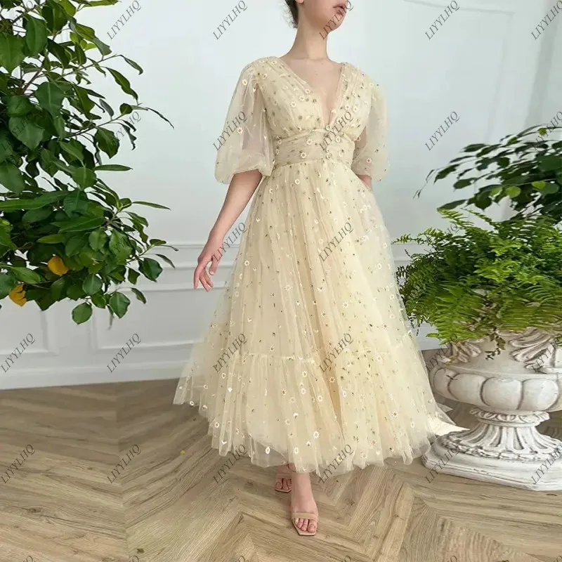 LIYYLHQ Fairy Light Yellow Tulle Midi Prom Dresses Half Puff Sleeves Embroidered Lace Evening Gowns Ankle Length Party Dress Hot