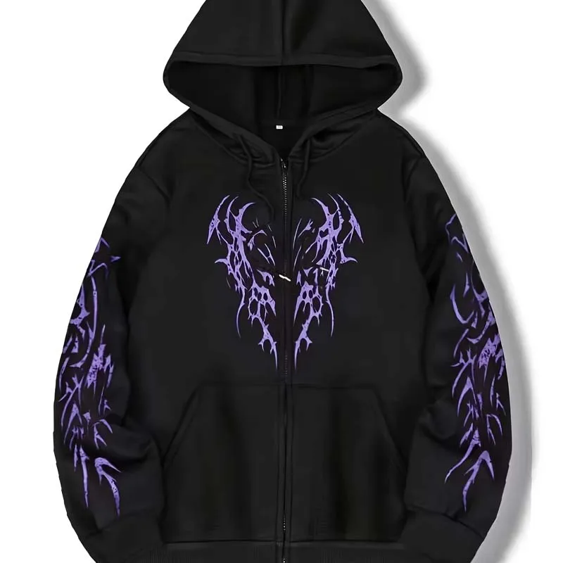 Herbst Winter Gothic Grafik-Print Reißverschluss-Hoodie Herren Lässige Mode Streetwear Fleece-Jacke Mantel Langarm Reißverschluss-Sweatshirt – Detail 3