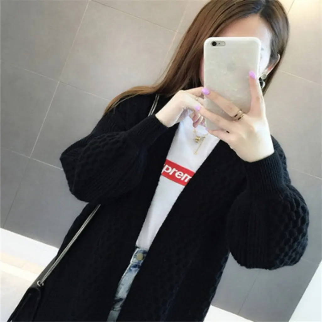 

Women's Mid-Length Knitted Cardigan V-Neck Pure Color Puff Sleeve Sweater Loose Korean Style Autumn Jacket