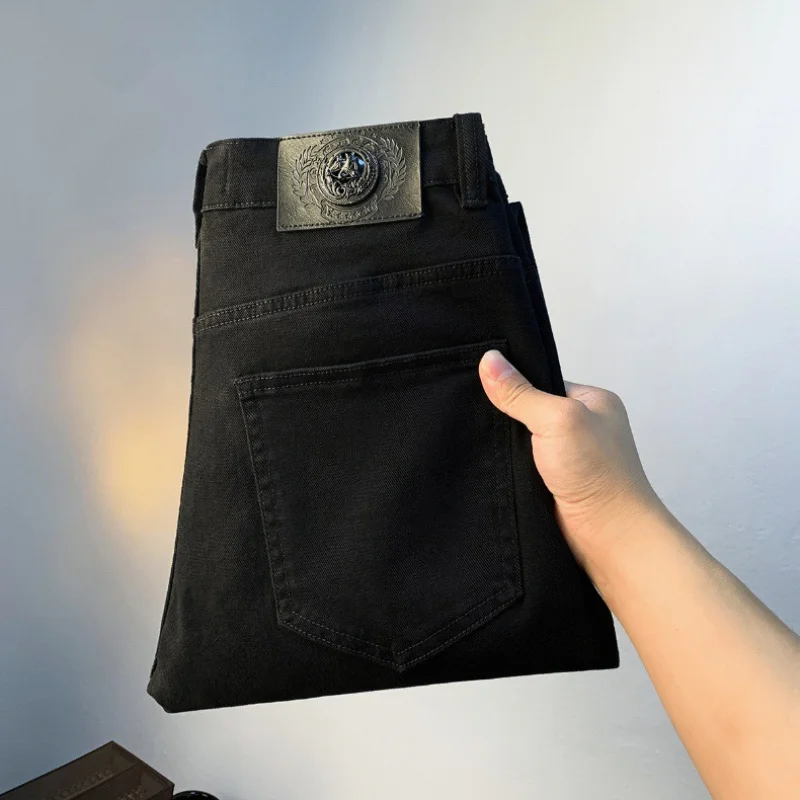 Celana Jeans untuk pria, celana Jin hitam murni, celana panjang modis bisnis kasual Slim Fit, celana pensil kaki sempit musim panas untuk pria