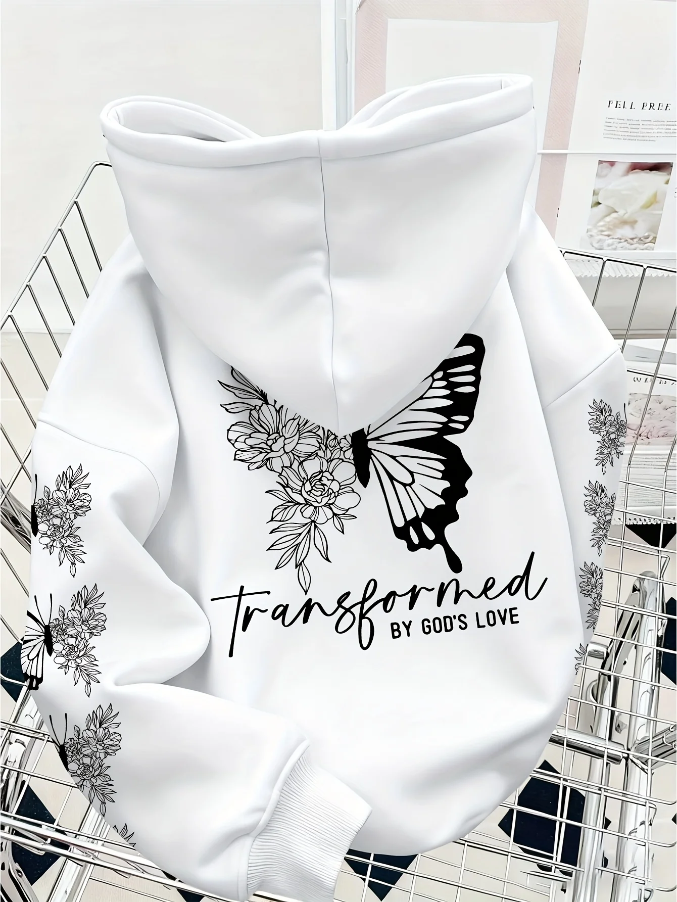 Men's God's Love Transformed Butterfly Floral Print Hoodie with Inspirational FaithPatternPulloverLooseFashion Hooded Sweatshirt