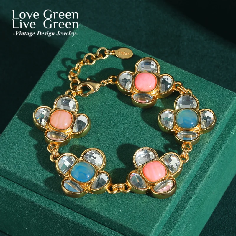 

Винтажный браслет с цветком для девочек, ювелирные изделия с кристаллами, женские антикварные золотые аксессуары цвета, розовый натуральный камень, подарок на день матери