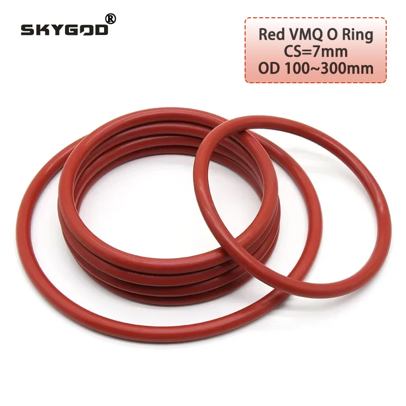 

5Pcs Red Food Grade VMQ O Ring Gasket CS 7mm OD 100 ~ 300mm Waterproof Washer Round O Shape Rubber Silicone Ring