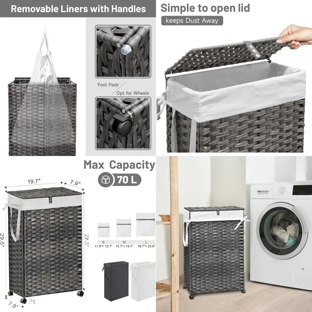 

Grey Foldable Slim Laundry Hamper with Lid, Wheels, 2 Removable Liners & 3 Mesh Bags for Clothes Sorting