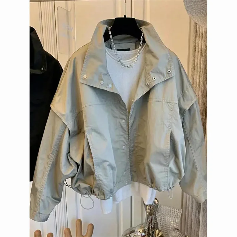 Printemps/été nouvelle veste sous-machine décontracté manches chauve-souris Version col haut plis coupe-vent manteau doublure courte veste 2025