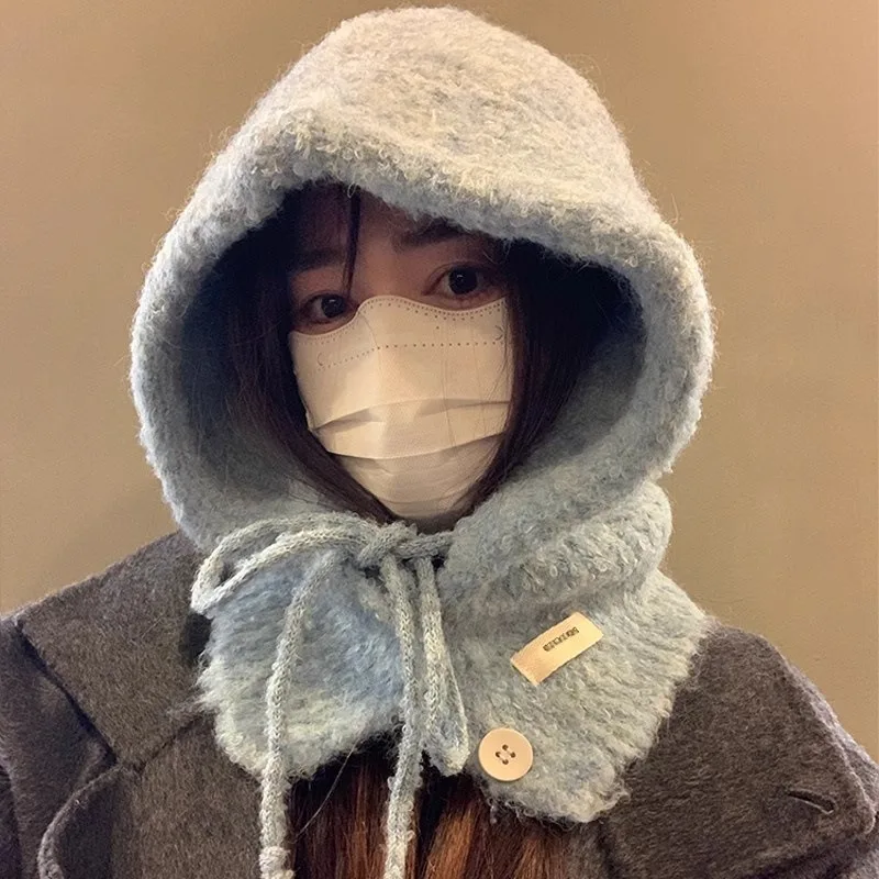 Blue Balaclava Women Autumn and Winter Hat Scarf Integrated Fleece Blended Knitting Warm Earmuff Toque 2