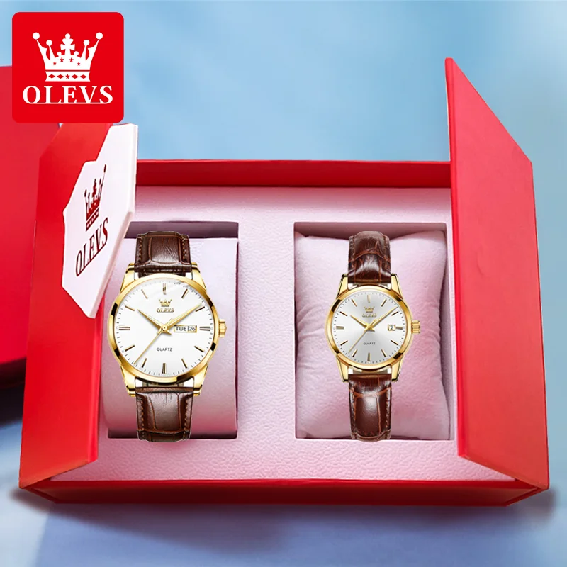 

OLEVS 6898 Couple Quartz Watch Fashion High Quality Waterproof Leather Strap Top Luxury Brand Men's and Women's Couple Set Watch