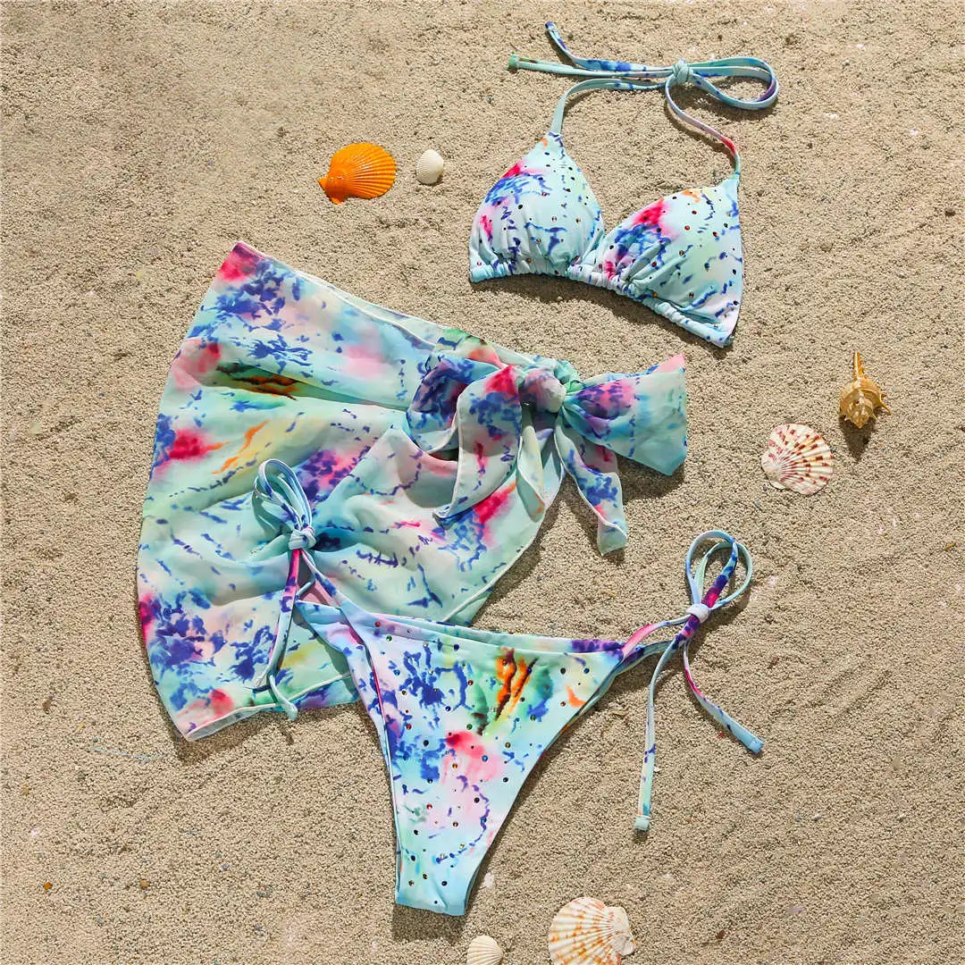Neuer sexy Bikini mit Strasssteinen, Damen-Badebekleidung, dreiteiliges Bikini-Set mit Sarong, Badeanzug, Badebekleidung, Modell V2538 – Detail 12