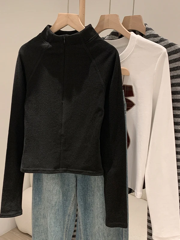 레트로 아메리칸 지퍼 오르트 스웨트셔츠 여성 슬림핏 베이스 레이어 따뜻한 탑 하이 칼라 출퇴근용 폴리에스터 섬유