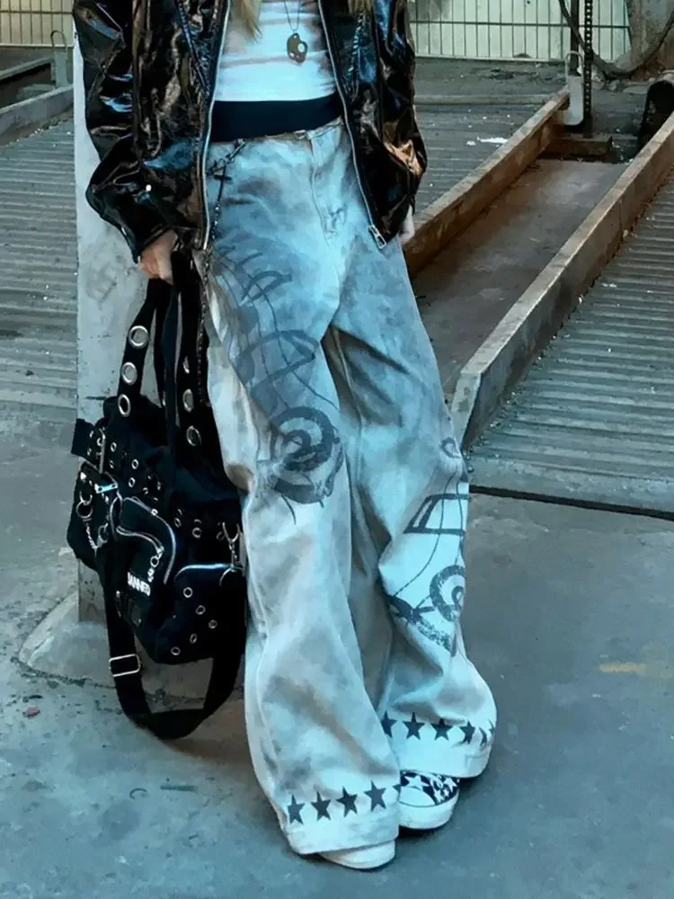 Femmes laver sale teint Vintage jean américain rétro Graffiti Notes de musique imprimé Denim pantalon Streetwear poubelle pantalon