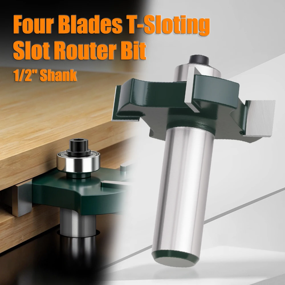 T-Shape Grooving Router Bit 1/2' 12.7mm Shank, 4 Flute Ball Bearing T-Slot Cutter Woodworking Tool, Fresa De Ranurar