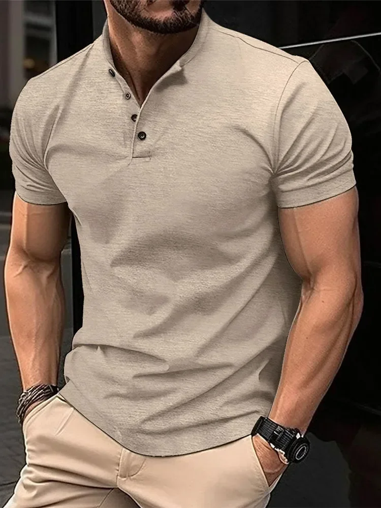 

Solid Stand Collar Short Sleeve Men's Shirts Fashion Handsome Business Shirt Men Clothing Summer Casual Button Fit Gym Male