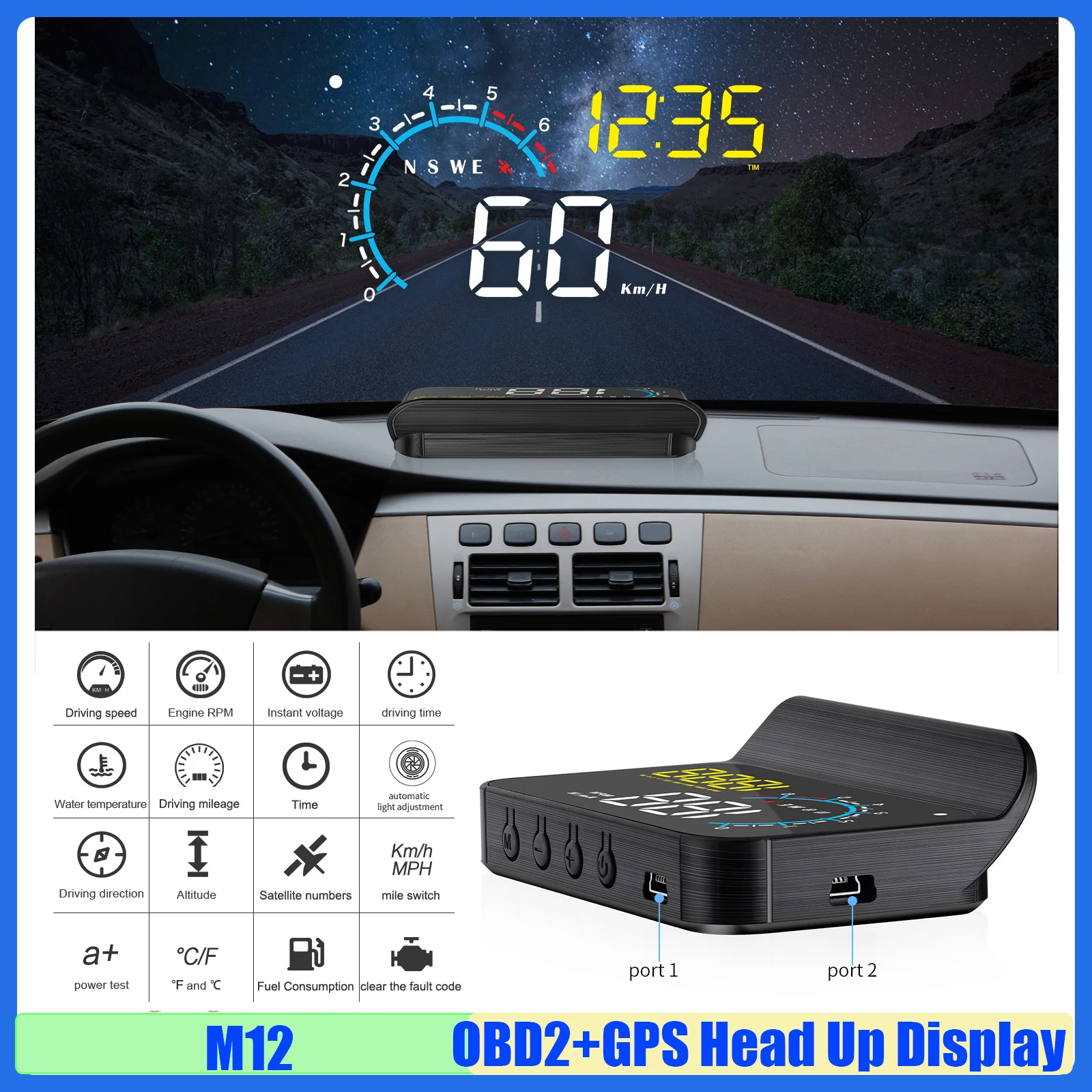 Автомобильный HUD M12 OBD + GPS проекционный дисплей Бортовой компьютер Авто проектор на лобовом стекле Расход топлива Высота Скорость Температура Вольт на заказ