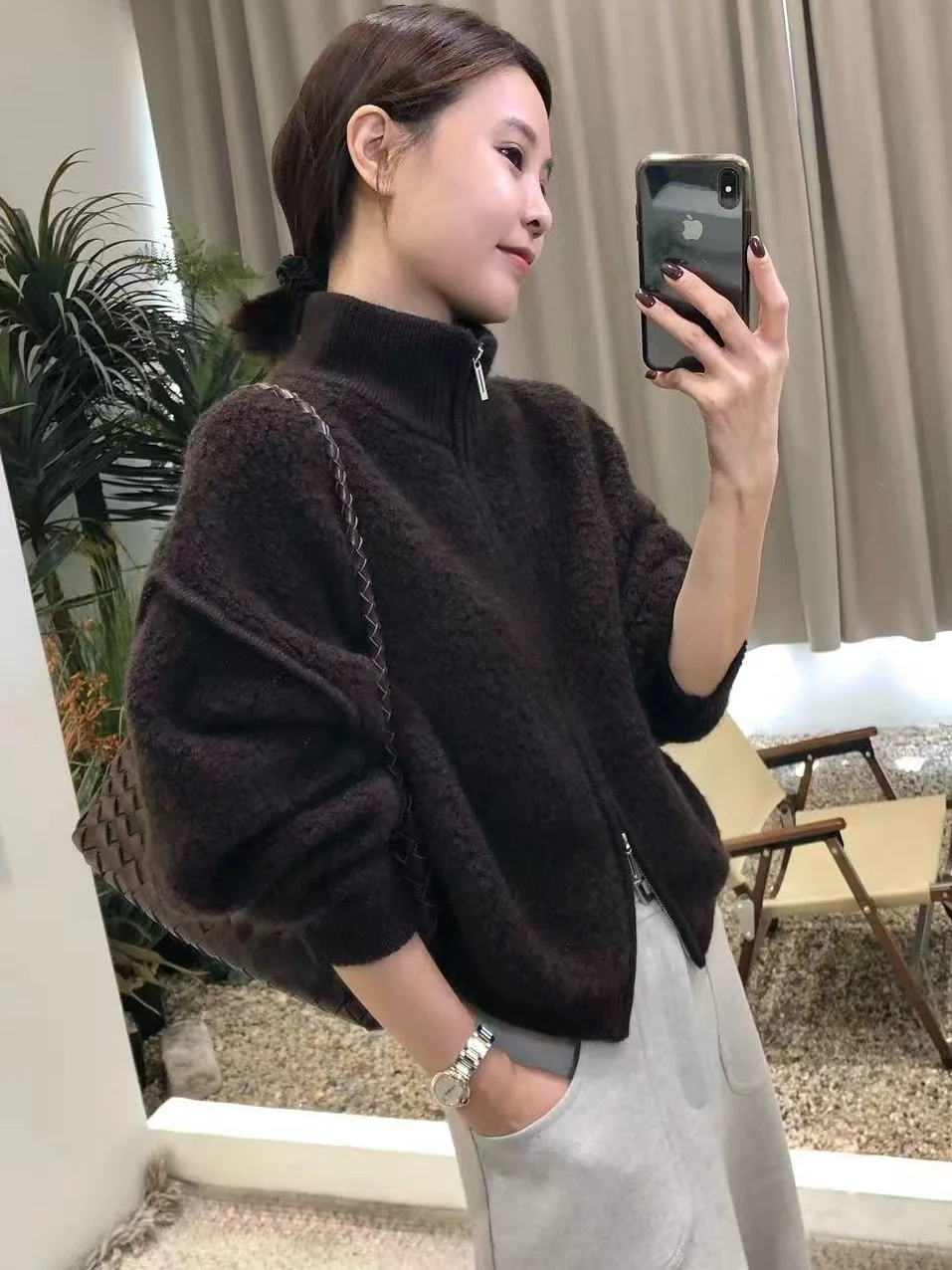 한국 슬레 티엔드 더블 지퍼 파티클 페이스 자켓 여성용 겨울 슬림핏 패셔너블 스웨터 또는 아우터웨어