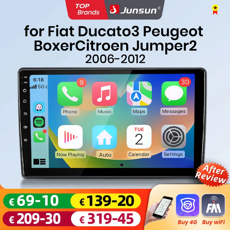 Junsun Android Auto Car Radio For Fiat Ducato Peugeot Boxer 2 Citroen Jumper 2 2006-2013 Multimedia Wireless CarPlay SWC GPS
