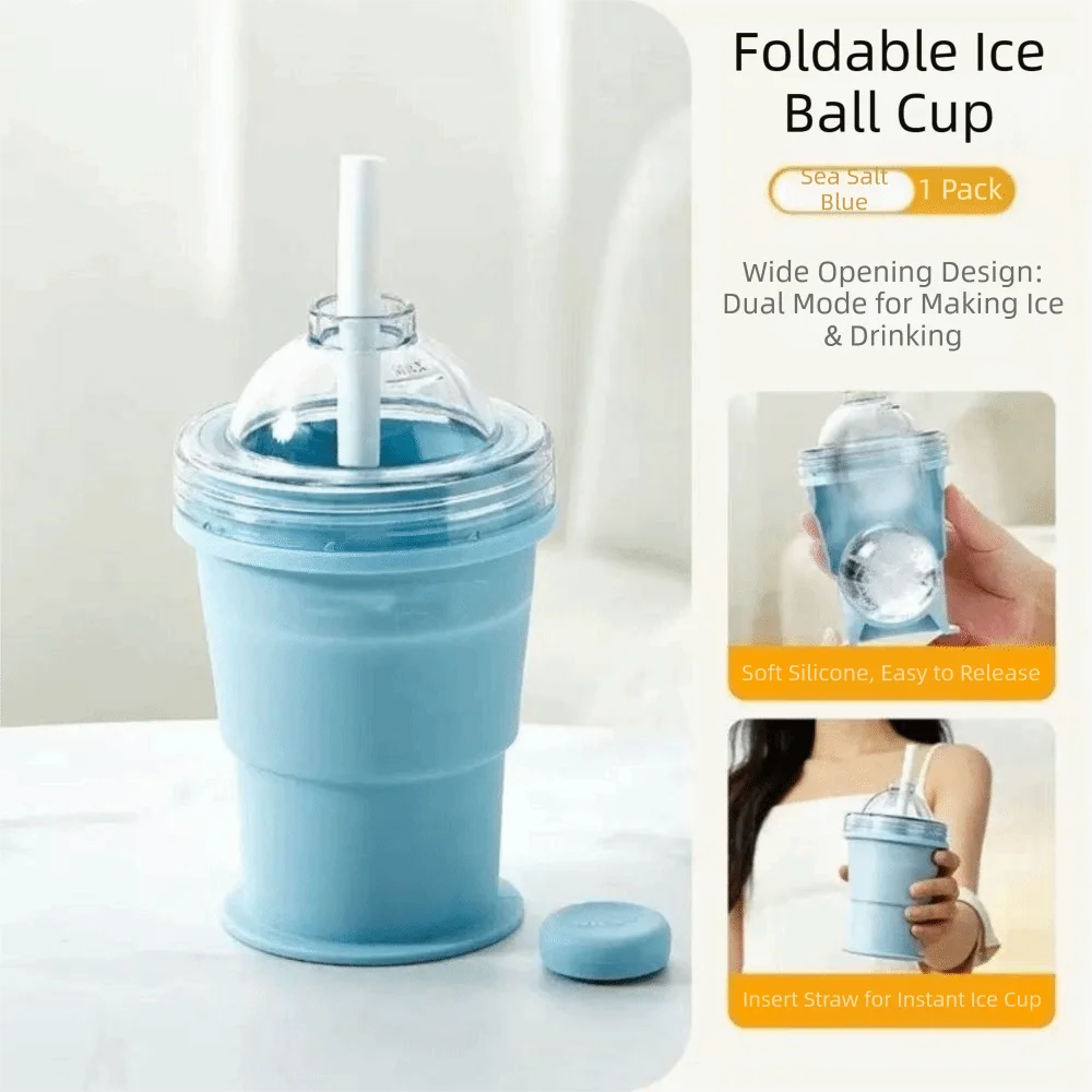 Leak-Proof Folding Ice Mold Cup with Straw Portable Ice Cube Water Bottle Multi-functional Easy To Demold view 3
