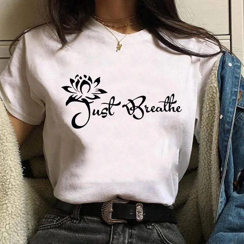 

Women's New Fashion Lotus Just Breathe Printed T-Shirt High Quality Casual Comfortable Women's Shirt Outdoor Loose T-Shirt Shirt