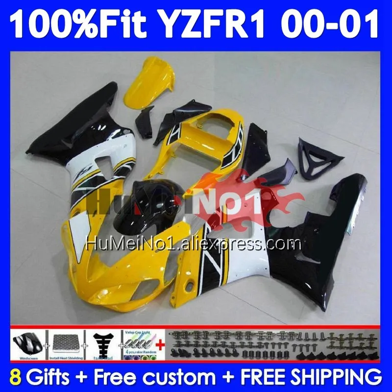 Injection Body For YAMAHA YZF-R1 YZF R1 R 1 1000 CC 1000CC Yellow white YZFR1 00 01 364No.8 YZF1000 YZF-1000 2000 2001 Fairings