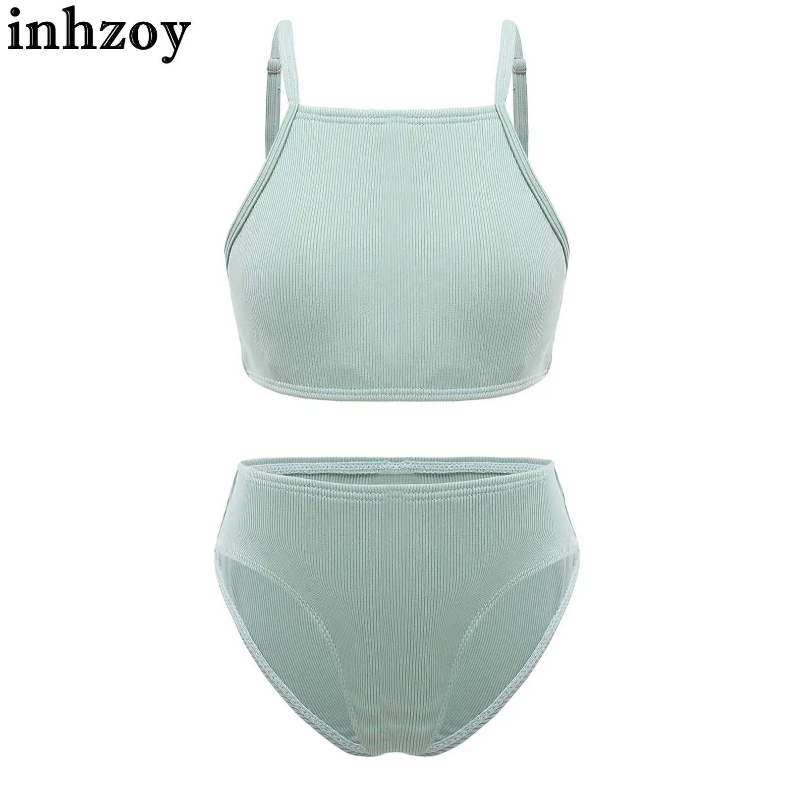 Girls 2Pcs Bikini Set Swimsuit Adjustable Straps Removable Pads Crop Tank Top Bra and Swim Briefs Solid Color Beach Bathing Suit