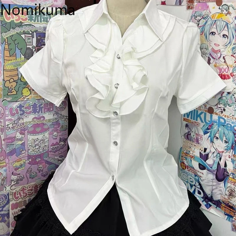 Goth Streetwear Women Shirts Short Sleeve Chic White Blouses 2025 Camisas De Mujer Ruffles Summer Japanese Vintage Blouse Tops