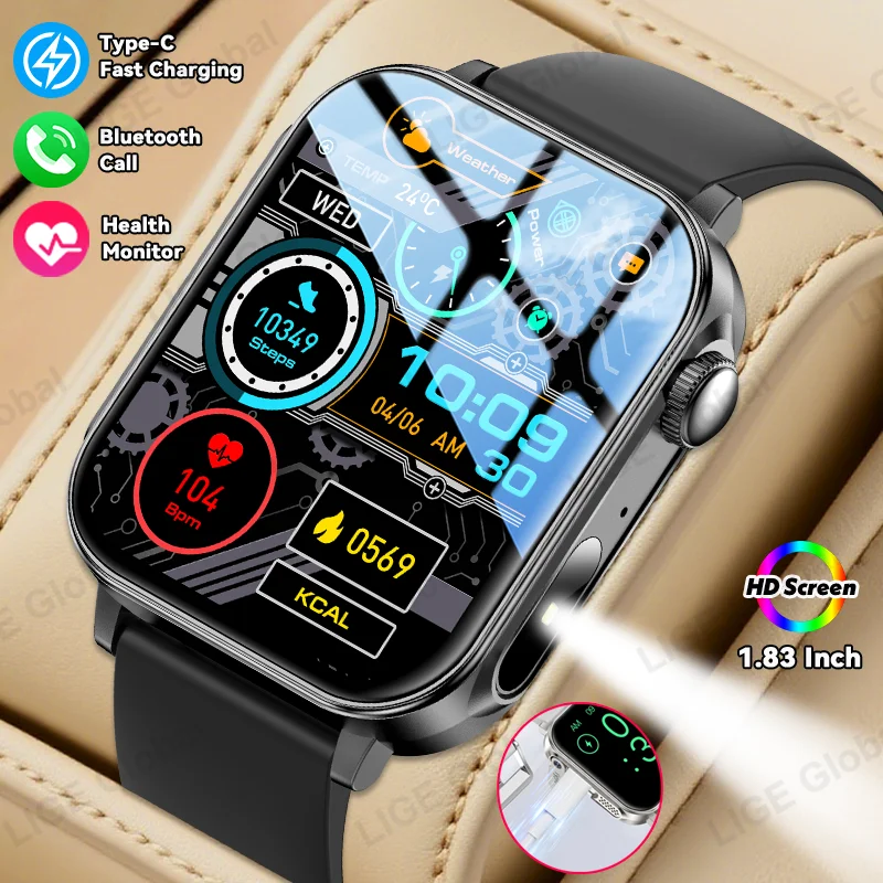 

LIGE 2025 New Type-C Fast Charging Smart Watch Men 1.83-Inch HD Bluetooth Call Heart Rate 100+ Sport Waterproof Smartwatch Women