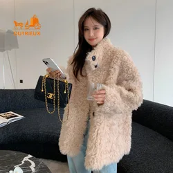 Women's Full Wool Stand-up Collar Lamb Wool Shearling Coat Toka Fur One-piece Real Fur Coat Fashionable Temperament Warm Jacket