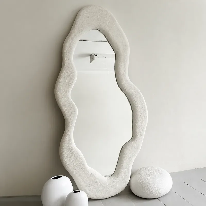 Wabi Sabi Cream Full Body Mirror Irregular Floor Standing Mirror for Bedroom Artistic Special Shaped Fitting Dressing Mirror