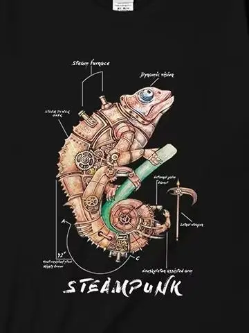 Steampunk Chameleon Transformation Illustration T-Shirt 100% Cotton O-Neck Summer Short Sleeve Casual Mens T-shirt Size S-3XL