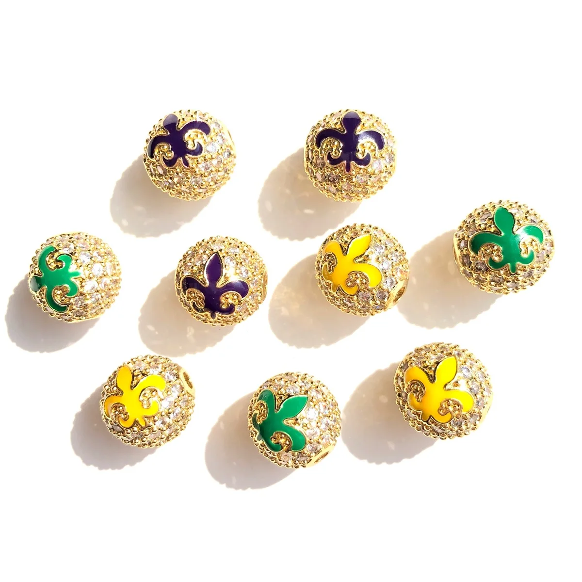 9pcs Green Yellow Purple New Orleans Mardi Gras Loose Ball Spacers Beads Zirconia Pave Gold-plated Jewelry Making Accessory Bulk