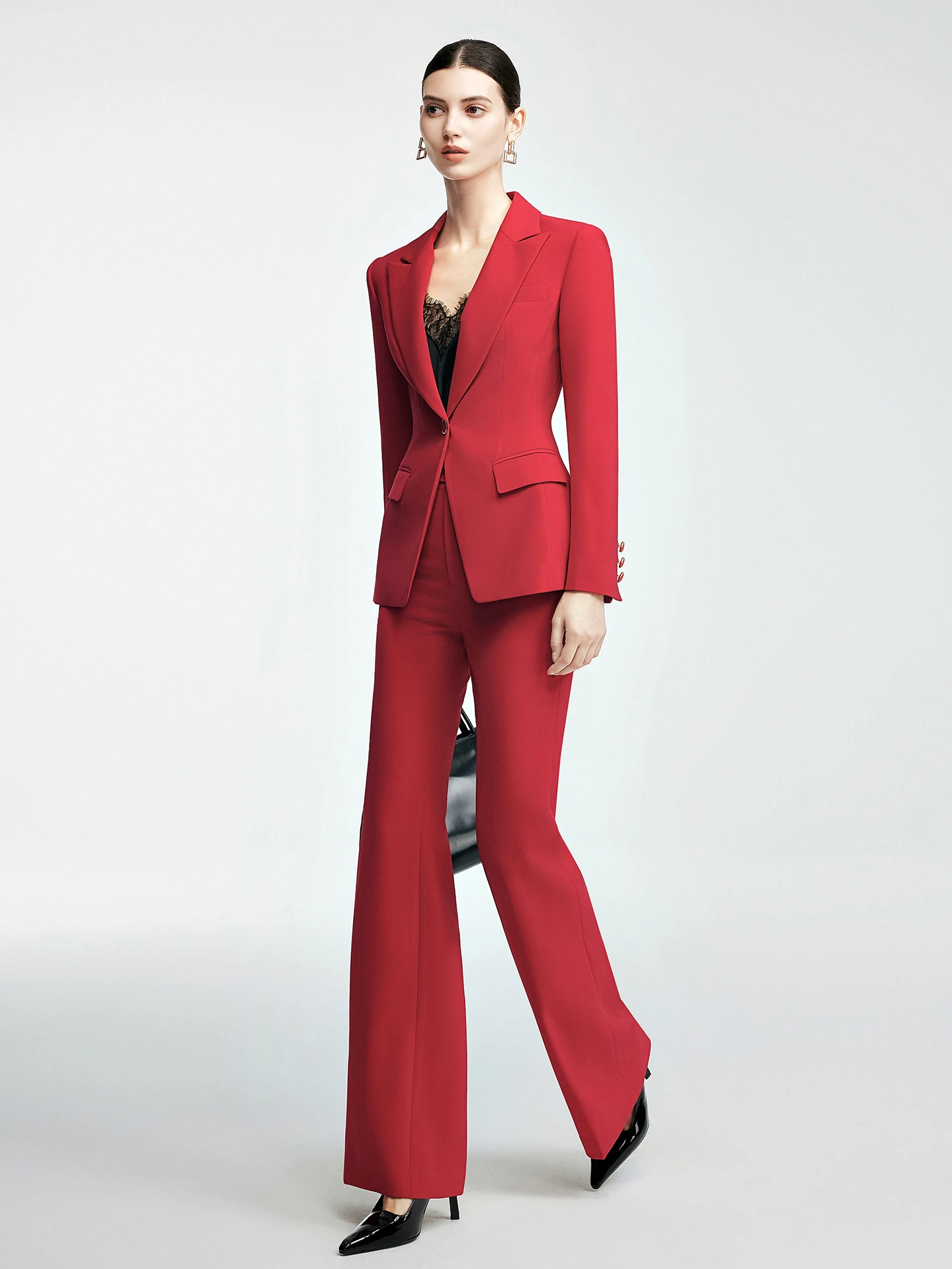 Elegant Red Professional Hostess Suit Spring New Fashion High Waist Flared Pants Conference Outfit Women's Ensemble