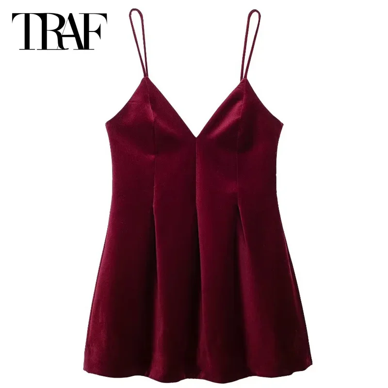 TRAF Women\'s Velvet Short Dresses 2024 Autumn Sexy Elegant Party Slip Mini Dresses Sleeveless Backless Red Dress Vestidos