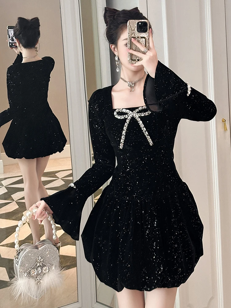 Mulheres roupas de noite retro preto brilhante sexy pescoço quadrado magro vestido curto elegante senhora festa baile aniversário outono inverno