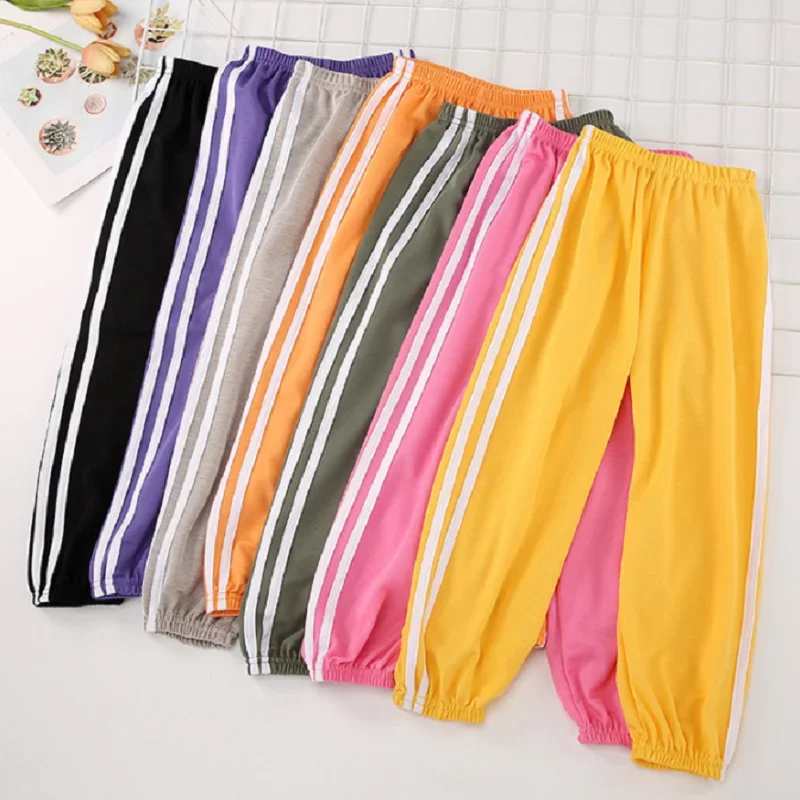 2024 Casual Spring and Summer Children\'s Anti-Mosquito Pants Boys and Girls Ice Silk Polyester Pants Baby Stripe Trousers 3-11Y